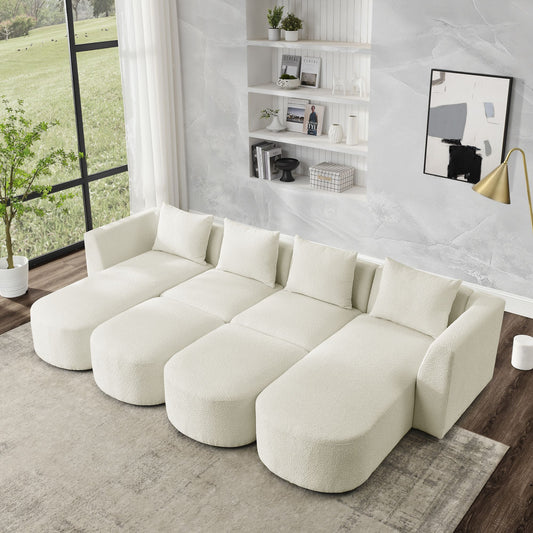 U-Shape Modular Sectional Sofa incl Two Single Seat, Two Chaises and Two Ottomans, Loop Yard Fabric-Beige